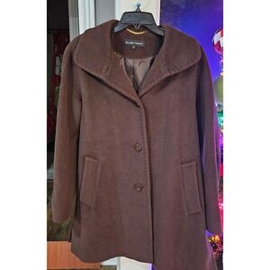 Ellen Tracy Women Wool Blend Angora Brown Button Front Coat Size 8